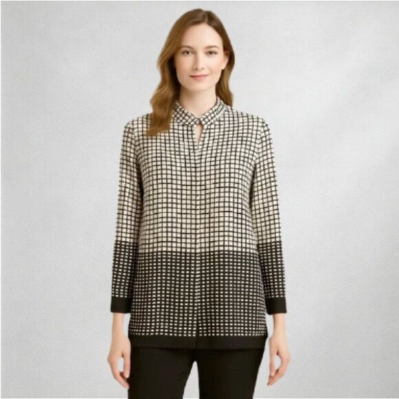 Misook Womens Cardigan L Geometric Print Brown White Open Front - Picture 1 of 7